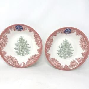 2 ROYAL STAFFORD Soup bowls 8” GREEN CHRISTMAS TREE~RED BORDER~NEW holiday VHTF